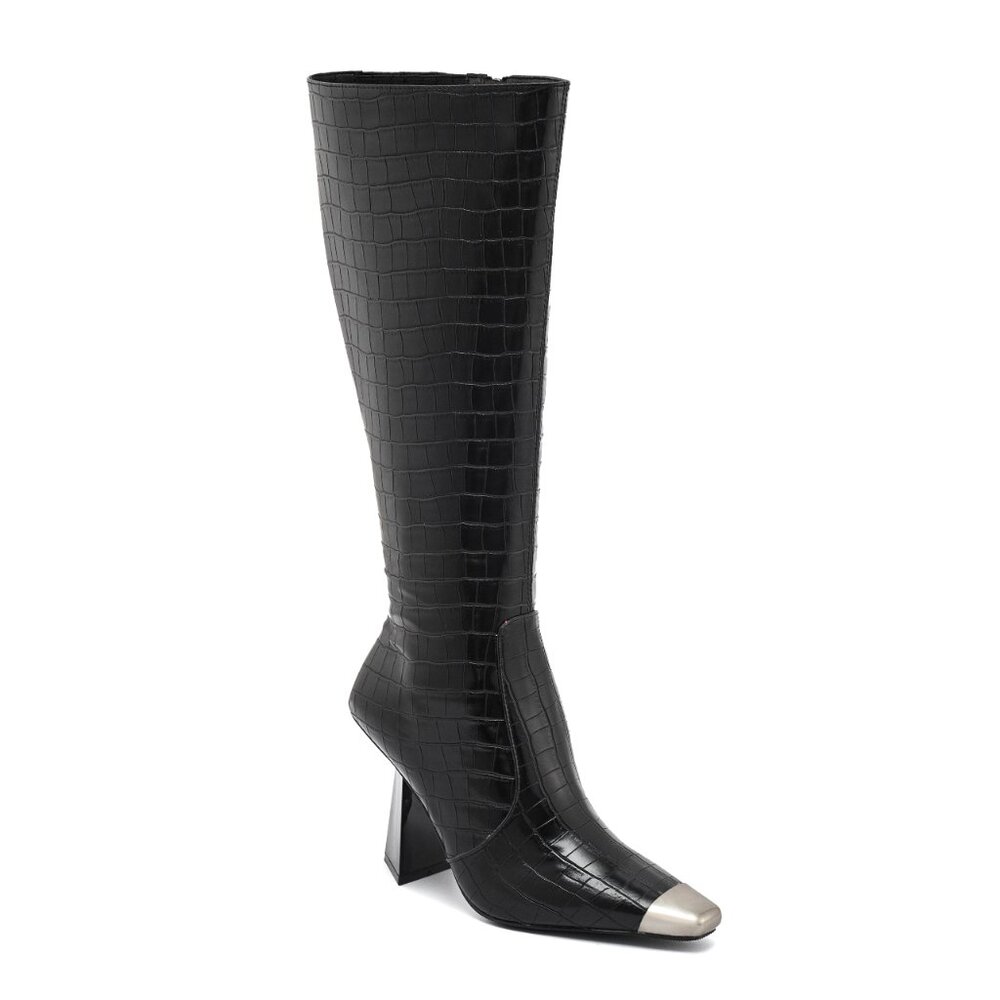 Stylish Modern Black Fashion Leather Knee High Pointy Crocodile Boots